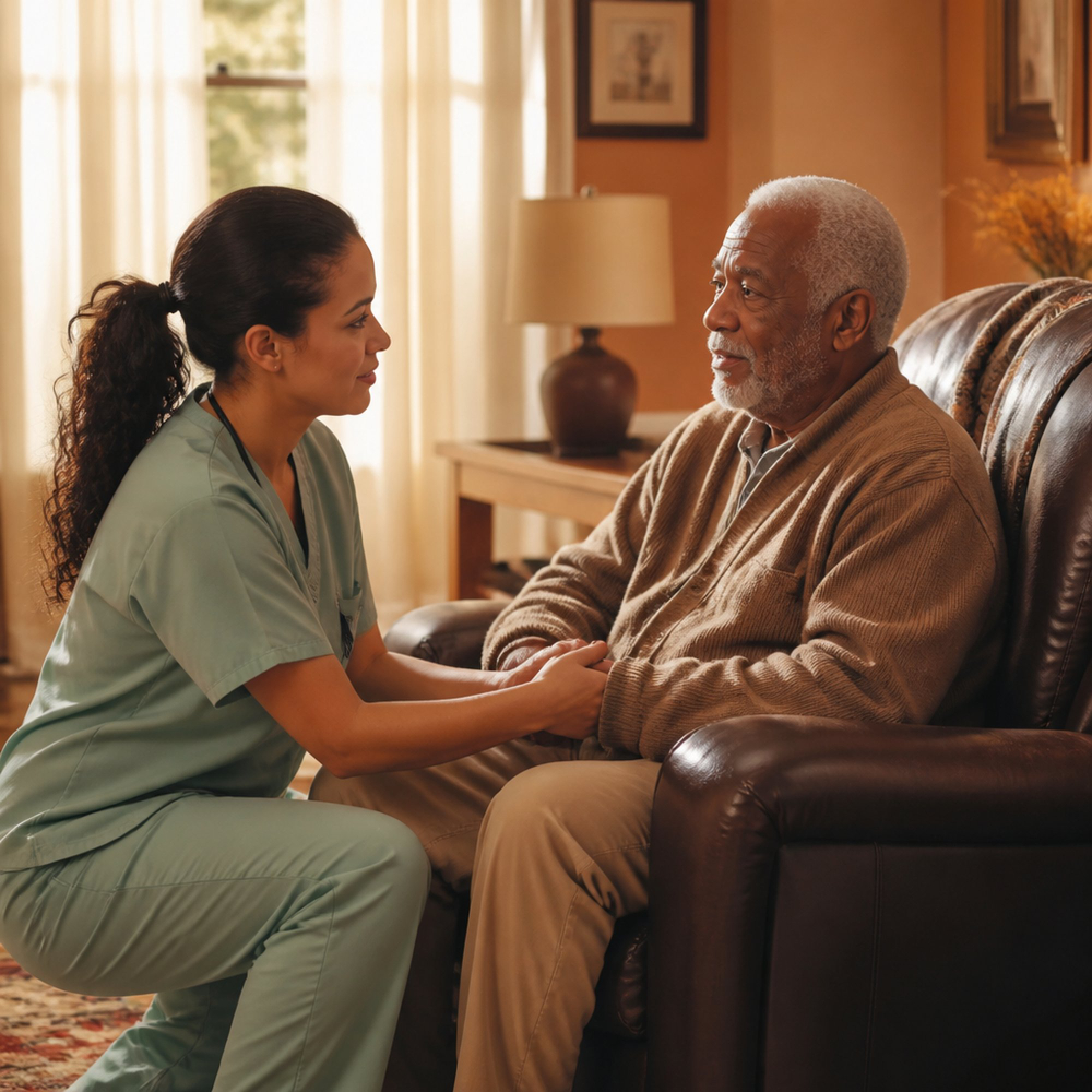 Case manager sitting with an older client at her kitchen table