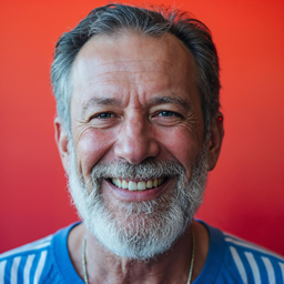 An older man laughing during a call